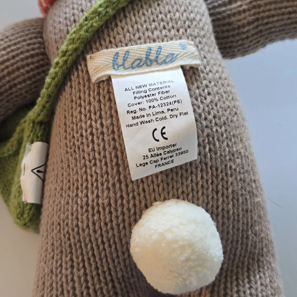 Blabla Kids Hand Knit Bunny Rabbit‎ Plush Doll Cotton Taupe Scarf Satchel Peru